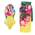 Bright yellow floral print one-piece swimsuit and matching wrap skirt set for beach vacation - S / Halter Wrap Skirt Set