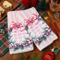 Asciugamani da cucina natalizi rosa con fiocco e stella di Natale su tavolo in legno - Motivo Fiocco Stella di Natale Rosa