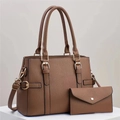 Set borsa a mano e portafoglio in pelle marrone con eleganti dettagli dorati - Cachi Scuro