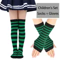 Kids' striped knit set including black and green over-knee socks and long fingerless gloves - Green Black Stripes