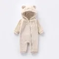 Infant plush hooded romper in cream white fleece with cute bear ears and front zipper - Off White / 66cm
