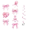 Set decorazioni festa fiocchi rosa acquerello con disegni di cuore e lecca-lecca - Set di Decorazioni di Cartellini e Spirali Singole