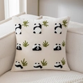 Beige velvet pillow cover featuring cute panda and bamboo embroidery on a sofa - Panda