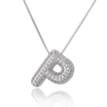 Macro detail of silver-colored letter P pendant with pavé white zircon stones - Letter P