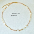 Detail showing 38+7.5cm length of pearl and pink crystal beaded steel necklace - Pink White Gold Ceramic Pearl (1140)