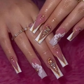 French tip coffin press-on nails with 3D white flowers, gold glitter V-lines and rhinestones - Glue Type (JP2934)