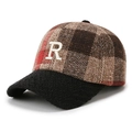 Checkered plaid baseball cap with embroidered letter R and black woven visor - Adjustable / Brown