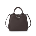 Dark brown leather bucket bag featuring a polished silver bamboo toggle and top handles - Large / Brown