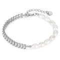 Stainless steel bracelet featuring freshwater pearls and cubic zirconia stones in silver - Silver