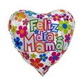 Silver heart-shaped foil balloon with colorful flowers and Feliz día Mamá Spanish text - 18 Inch Silver Base Colorful Floral Heart Happy Mother's Day (F3142)