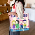 Cute striped canvas tote bag with cartoon figures and pink straps for students - Childhood Playmate