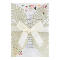 Golden glitter rose laser-cut wedding invitation with cream satin bow and floral inner card - Light Gold Glitter
