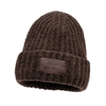 Thick coffee brown knitted beanie with vertical stripes and premium leather patch - Coffee
