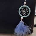 Handmade light blue dreamcatcher keychain with white beads and soft feathers for bags - Blue