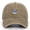 Détail macro de casquette de baseball en coton kaki avec lettre W brodée bleu et blanc - Kaki