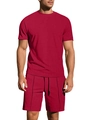 Completo sportivo rosso da uomo con t-shirt texture nido d'ape e pantaloncini con coulisse - S / Borgogna
