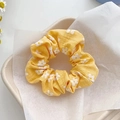 Yellow mesh scrunchie with white daisy floral print and crinkle texture for hair styling - Yellow Floral