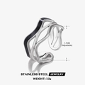 Minimalistische golvende roestvrijstalen ring in zilver met zwart email en open ontwerp - Verstelbaar Open / Stalen Lijn (Zwart Emaille) / Staalkleur