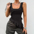 Women's Y2K black sleeveless U-neck mesh tank top with ruffled hem and asymmetric cut - S / Black