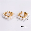 Elegant 28mm golden stainless steel C-shaped earrings featuring white pearls for women - Square Pearl Earrings (AMLEH119)