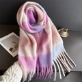 Detail of soft mohair texture and long tassels on pastel plaid checkered scarf - Pale Pink Taro Purple Contrast (WJ137-39)