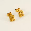 Puffy 18K gold plated stainless steel balloon letter R stud earrings for women - Letter R