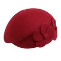 Elegant dark red wool felt beret for women with three handmade floral ornaments - One Size(57-58cm) / Red