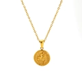 Golden lily of the valley round pendant necklace with retro embossed flower coin charm - August Marigold (SP599G)