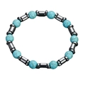 Sky blue turquoise bead bracelet with silver-tone hematite spacers on white background - 8mm Blue Turquoise + Hematite