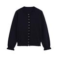 Navy blue round neck long sleeve knit cardigan with ruffle cuffs and decorative buttons - S / Black