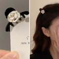 Elegant white camellia hair claw clip with gold edges and pearl detail on black base - 5-claw Clip - Small Black Pearl Flower (single)