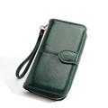 Cartera larga de cuero encerado verde oscuro para mujer con correa de muñeca y cremallera - Verde