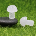 Miniature clear crystal mushroom stone placed on a black pebble and green grass - White Crystal