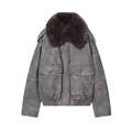 Grey suede bomber jacket with thick brown fur collar and large pockets for women - XS / Gray