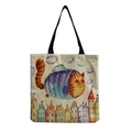 Detailed texture of cotton linen tote bag with orange cat fish and European town print - Flying Cat Over Town (hm0173)