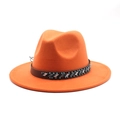 Detailed close-up of orange wool jazz fedora featuring a beaded leather hatband - Orange