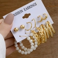 Detail of 6-piece gold hoop earring set with pearls and geometric metal designs - E108/Classic Style / Gold