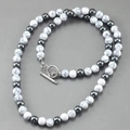 Men's beaded necklace with marble-patterned stones and metal beads featuring a T-bar toggle clasp - Howlite