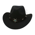 Detail of black felt cowboy hat with leather band and turquoise star emblem - Black (Star Decor)
