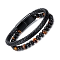 Double-layer braided black leather bracelet with red tiger eye stone beads and magnetic clasp - Black Leather Black Buckle