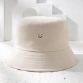 Minimalist beige cotton bucket hat with a black embroidered smiley face on a white background - Printed Smiley Face Fisherman's Hat - Beige / One Size