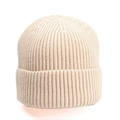 Detail of oatmeal ribbed knit beanie showing thick warm texture and folded cuff - Beige