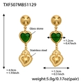 Gold stainless steel heart drop earrings with green glass stone and size dimensions - Green Earrings (TXF507)