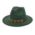Detail of dark green wool fedora with brown leather band and bohemian metal studs - M (56-58cm) / Dark Green