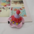 Handmade crochet mini hat hair clip in purple with red pom-pom and pink wavy edge - Pink Purple Hat Clip