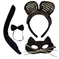 Ensemble cosplay chat à paillettes avec serre-tête nœud papillon queue et masque noir - Serre-tête Oreilles Rondes à Paillettes Et Nœud Papillon Et Longue Queue Et Masque de Chat Scintillant