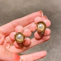 Pink camellia flower earrings with lustrous cream pearl and elegant gold metal base - Pink