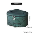 Detail view of oval PU makeup bag featuring dark green marble texture and dual metal zippers - X-183 Oval Dark Green