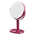 Rosafarbener LED-Make-up-Spiegel mit Touchscreen und praktischer Ablageschale - Desktop-Aufbewahrungsstil / 5-fache Vergrößerung / Karminrot