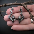 Vintage silver bird branch earrings with gothic dark art style and oxidized finish - Birds On Branch Design / Antique Pewter